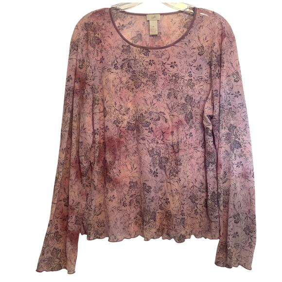 J. Jill Tops - J. Jill Floral Mesh Top Womens XL Pink Purple Gold Lettuce Hem Fairy Romantic